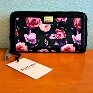 Juicy Couture Black/Pink/Purple/Gold Floral Large Ziparound Wallet